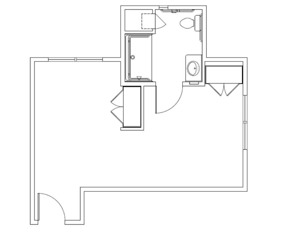 A simple floor plan layout featuring a small living space, bathroom, and closet area.
