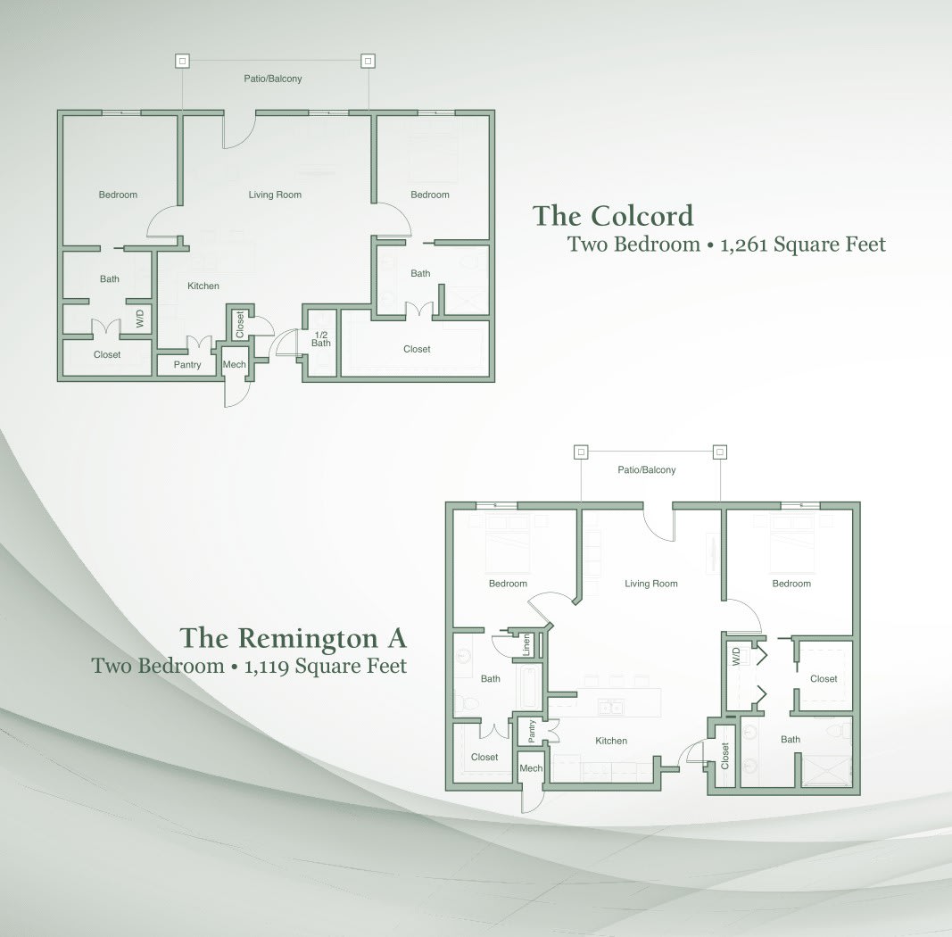 Floor plans for 'The Colonel' and 'The Strategist A' apartments, detailing layouts for both single and two-bedroom options.
