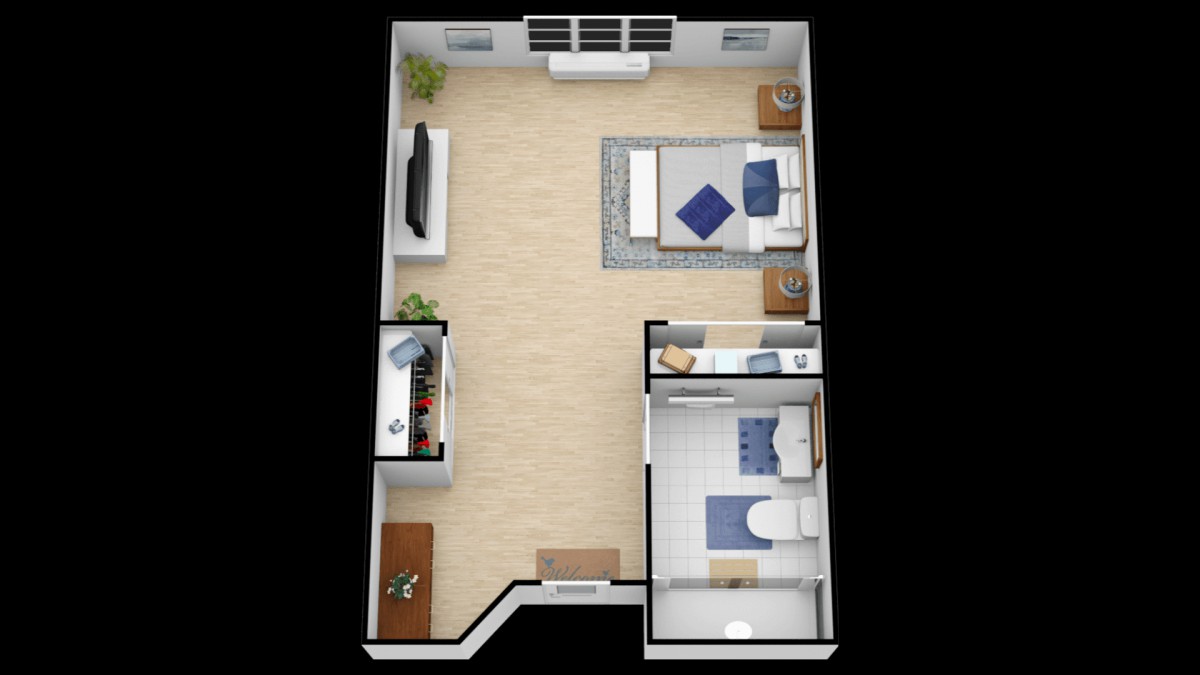 A 3D floor plan of a one-bedroom apartment featuring a combined living and sleeping area, with a separate bathroom.