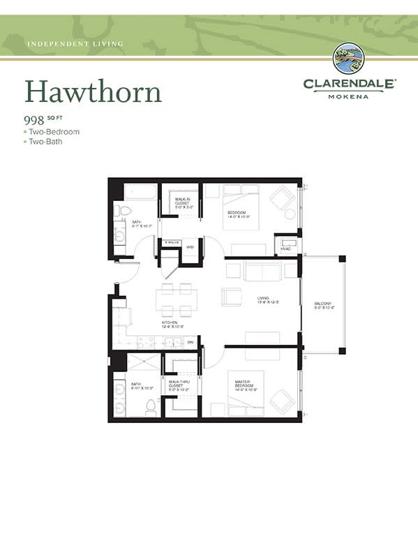 Floor plan of the Hawthorn apartment at Clarendale, featuring a two-bedroom layout.