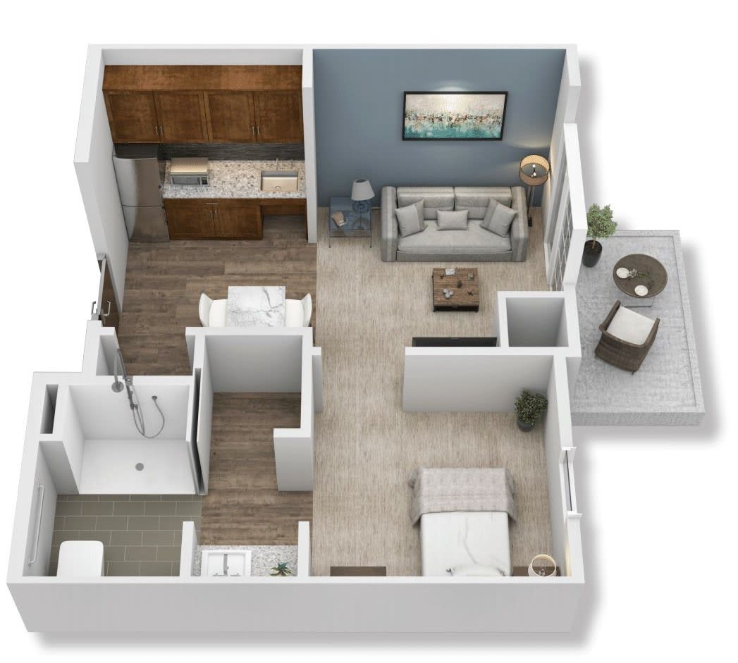 1-bedroom apartment floor plan with a kitchen, living room, bathroom, and outdoor space.