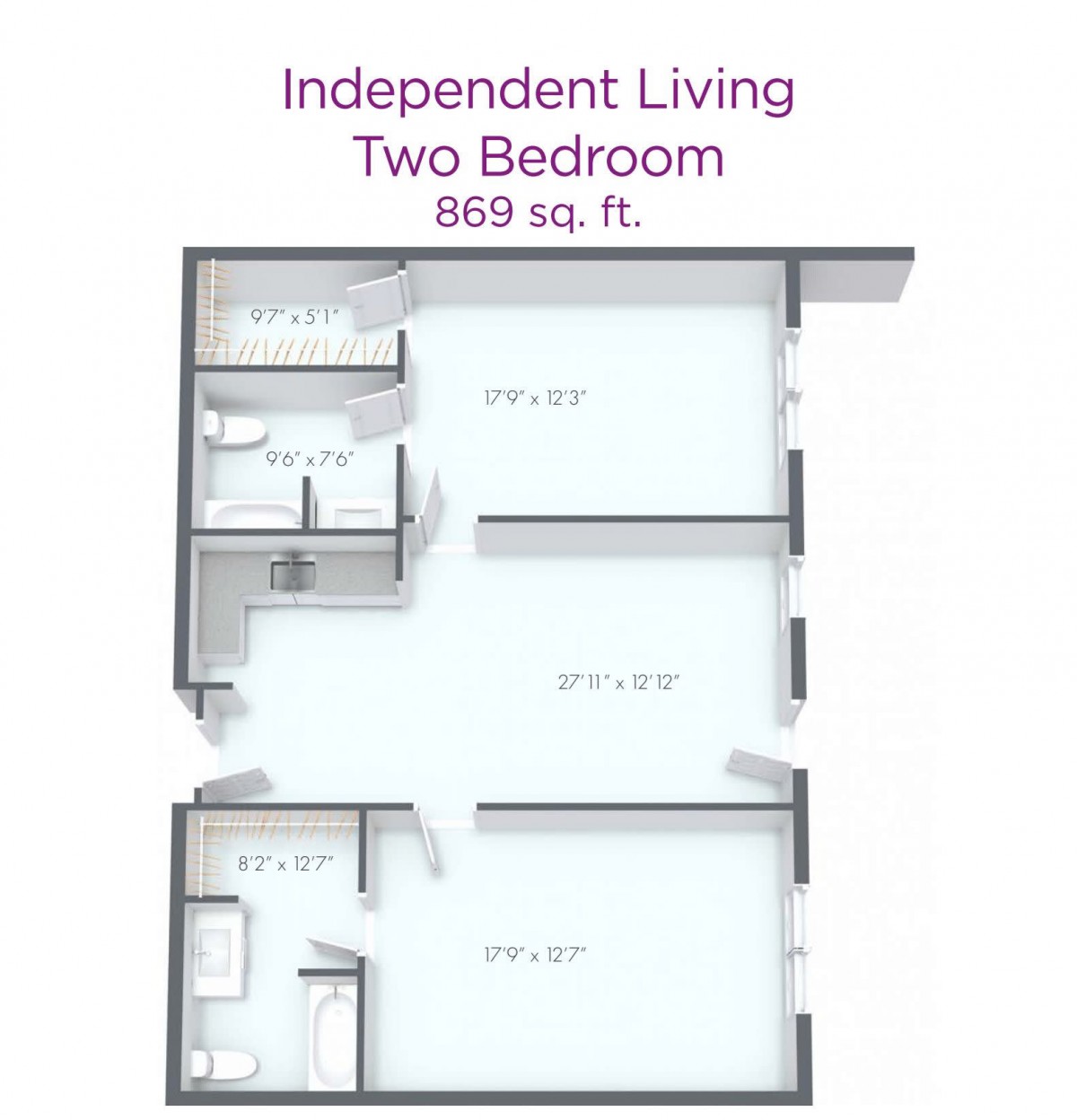 Floor plan of an independent living two-bedroom unit, measuring 859 square feet.