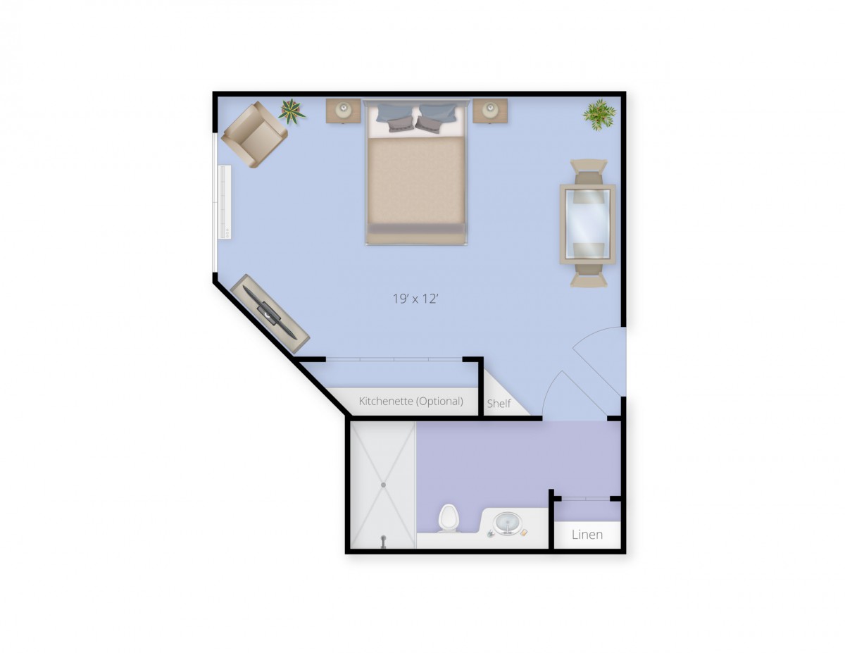 A simple bedroom floor plan with furniture layout.