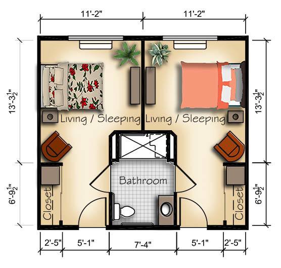 A detailed floor plan of a tiny house with labeled dimensions and areas for living, sleeping, and a central bathroom.