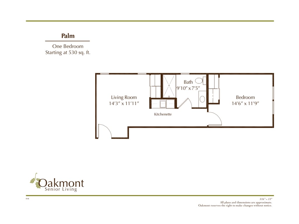 Floor plan of a one-bedroom apartment at Oakmont, featuring a living room, kitchen, bathroom, and bedroom.