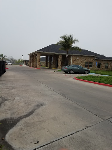 A quiet residential area featuring a brick building and a parked car alongside a palm tree.