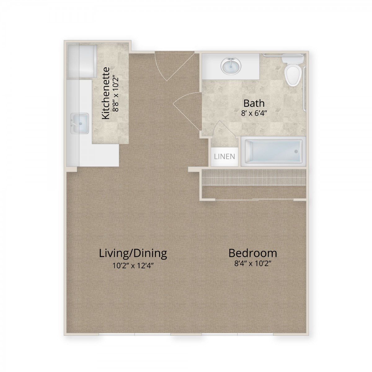 A floor plan of a compact apartment featuring a combined living and dining area, one bedroom, a bathroom, and a kitchenette.