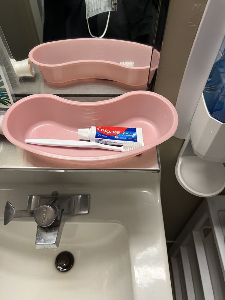 A bathroom sink with a pink medical basin holding toothpaste.