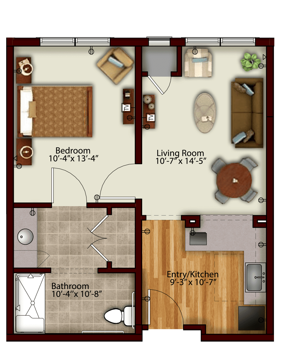 One-bedroom apartment floor plan with a living room, kitchen, and bathroom.
