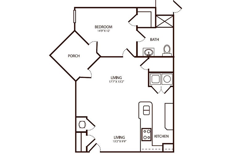 One-bedroom apartment floor plan with living, kitchen, bath, and porch areas.