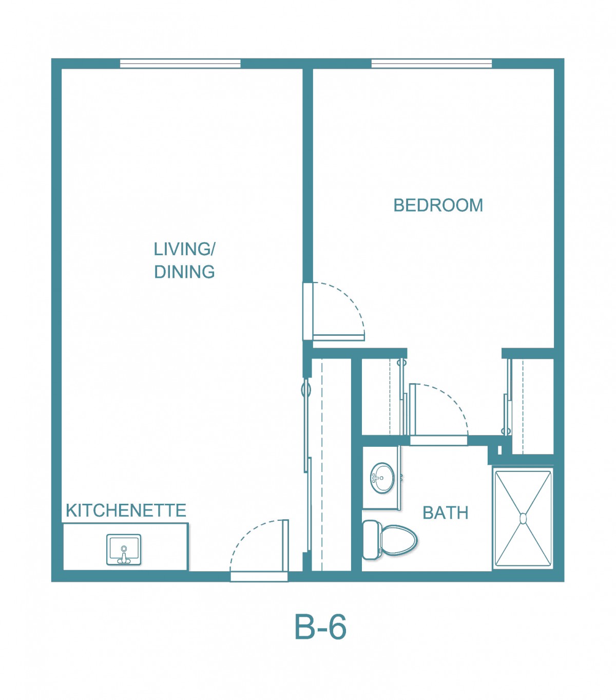 Blueprint of a one-bedroom apartment with kitchenette, living/dining area, and bathroom.