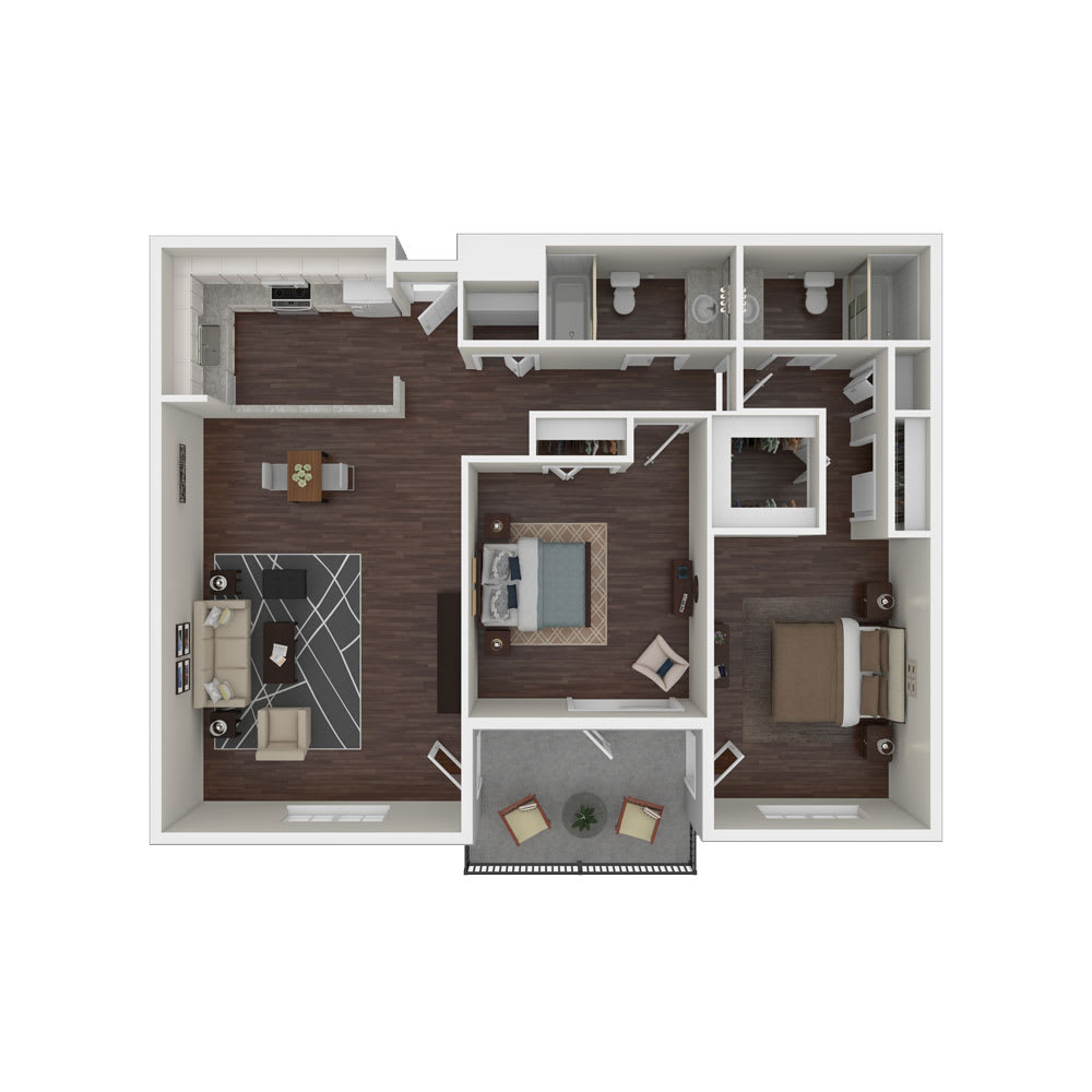 A detailed floor plan of a modern two-bedroom apartment with an open living and dining area.