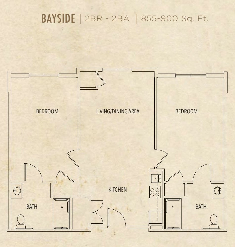 Floor plan of a two-bedroom apartment with bathrooms, kitchen, and living area.