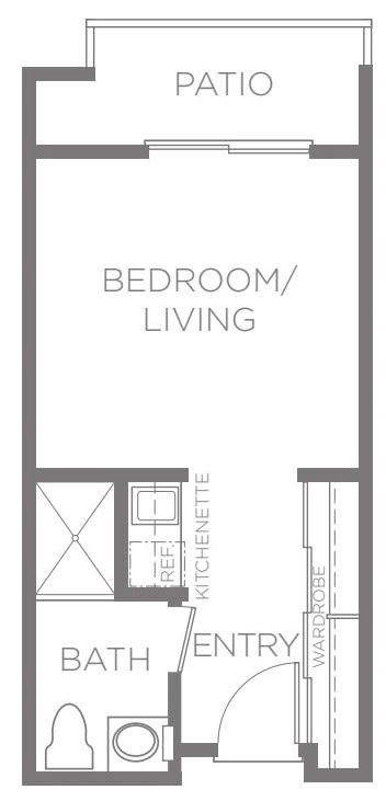 A simple floor plan of a studio apartment with a combined bedroom and living area, including a kitchenette.