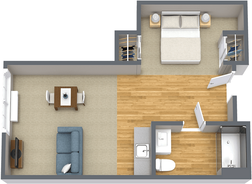 A floor plan of a small apartment featuring a bedroom, living room, kitchen, and bathroom.