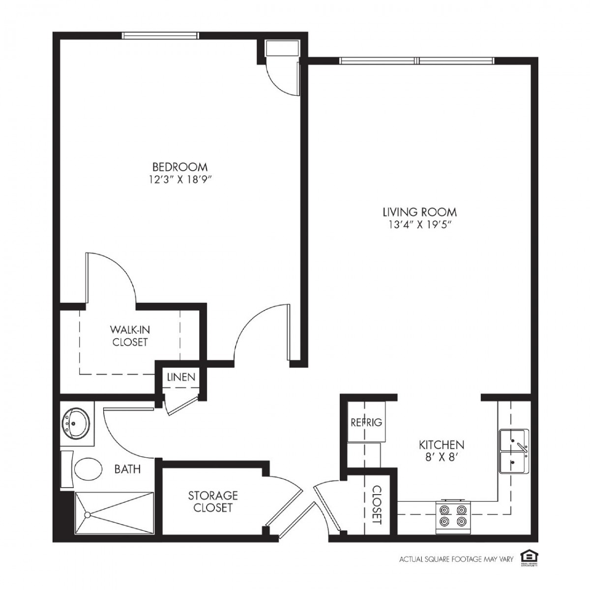A floor plan depicting a one-bedroom apartment layout with labeled rooms and dimensions.