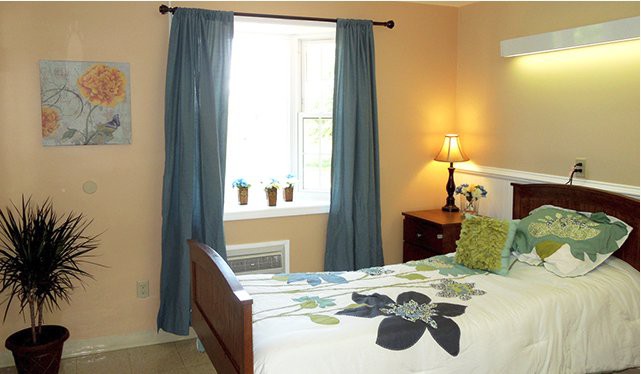 A cozy bedroom with blue curtains, a neatly made bed, and potted plants by the window.