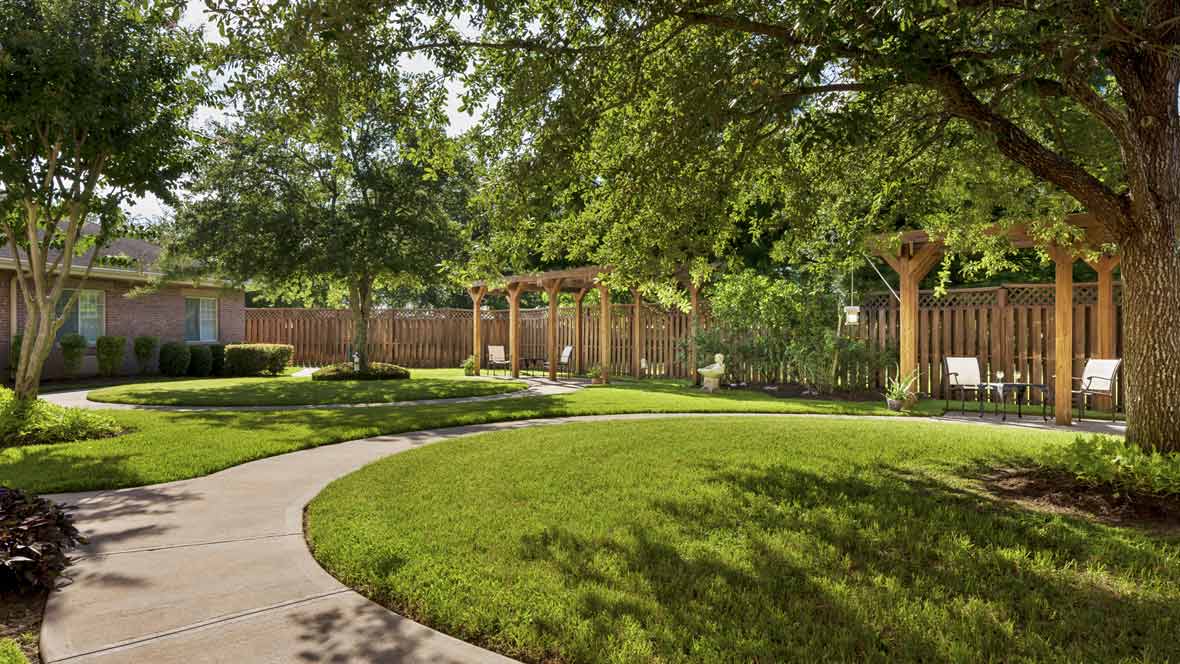 A serene garden with a winding pathway and lush greenery under a pergola and trees.