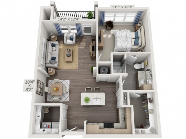 A detailed floor plan of a one-bedroom apartment with a living room, kitchen, bathroom, and balcony.