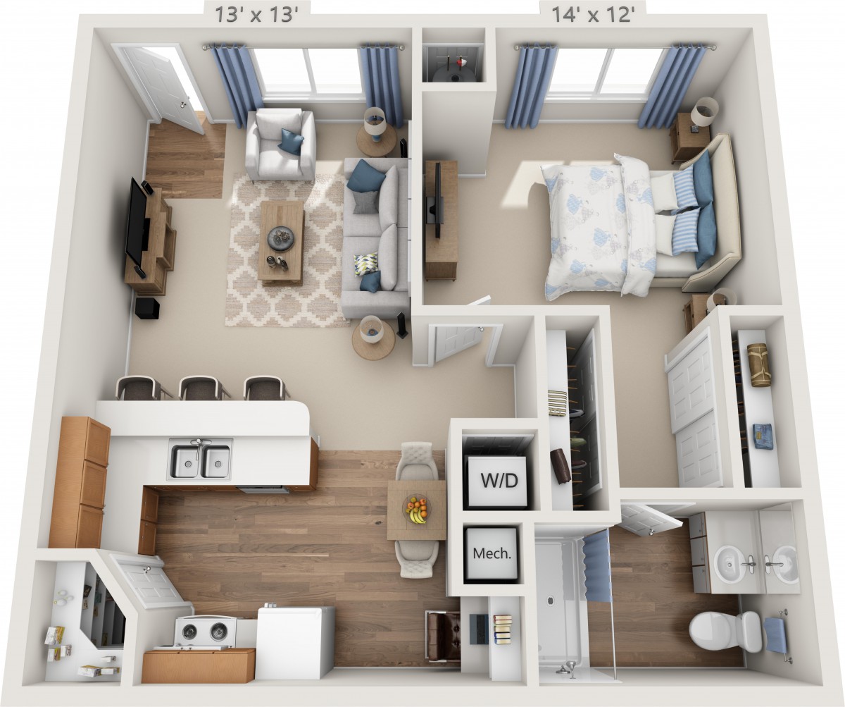 A detailed floor plan of a one-bedroom apartment with a living room, kitchen, and bathroom.