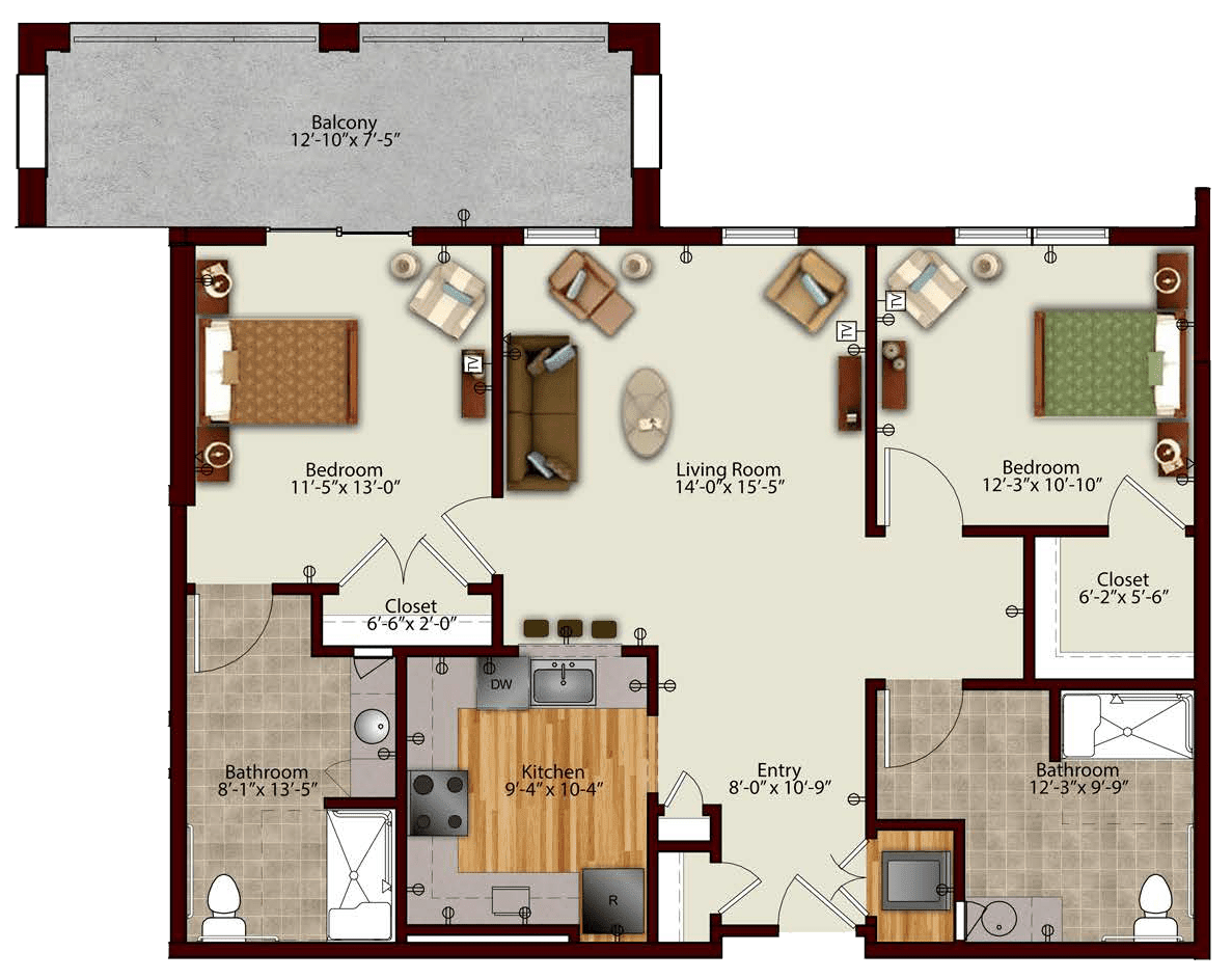 This is a floor plan of a two-bedroom apartment featuring a living room, kitchen, dining area, two bathrooms, and a balcony.