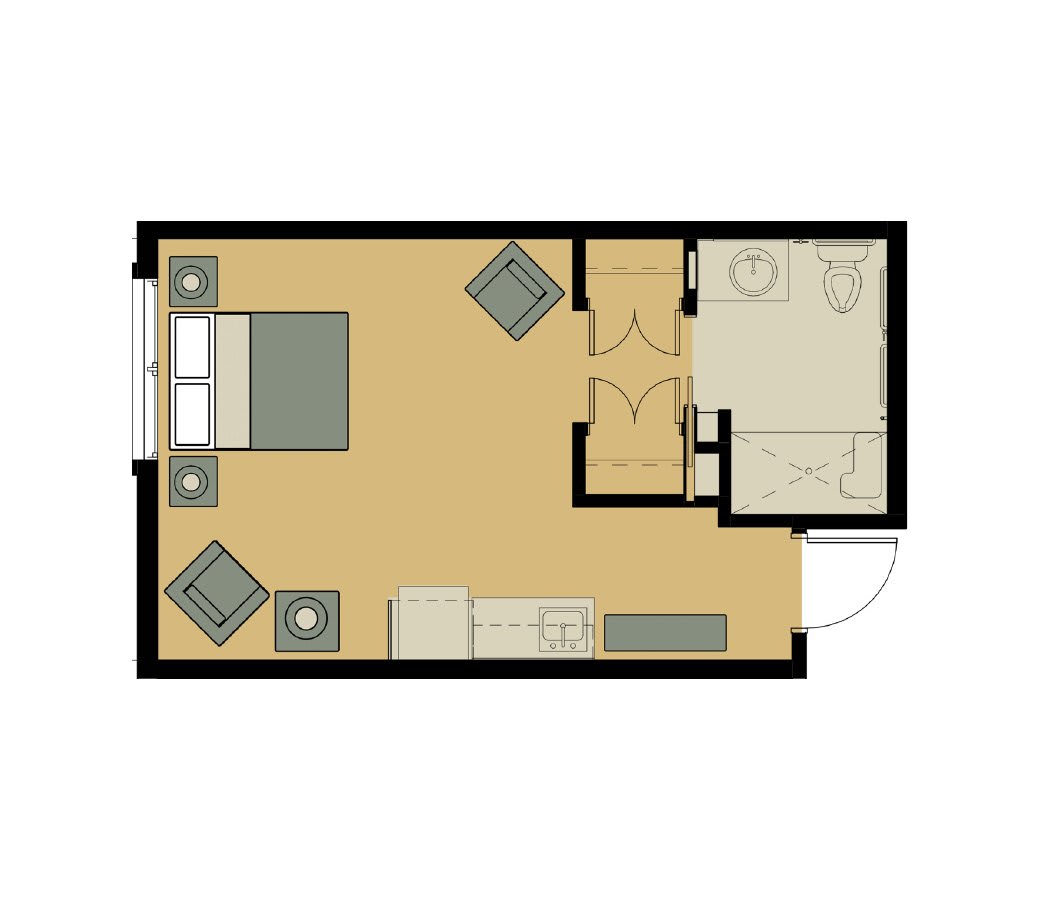 A floor plan of a studio apartment featuring a bedroom, seating area, kitchen, and bathroom.