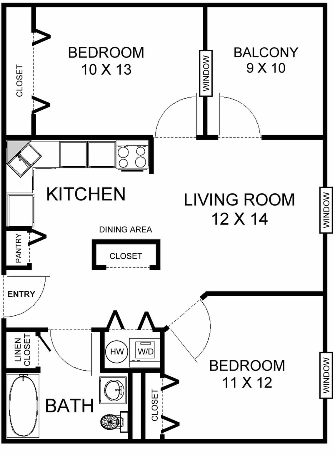 A floor plan depicting a two-bedroom apartment with a kitchen, living room, and closets.