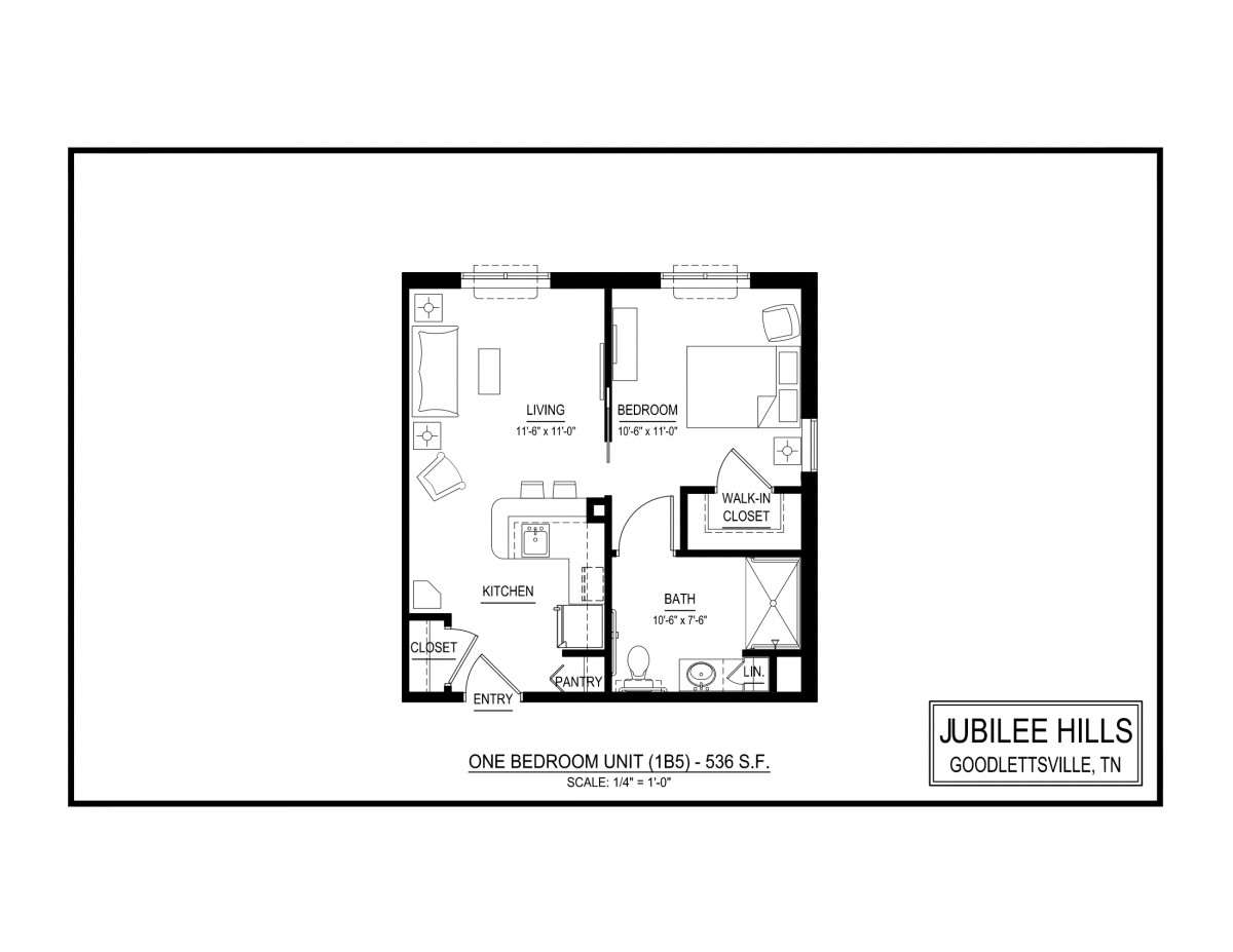 A detailed floor plan of a one-bedroom apartment unit.