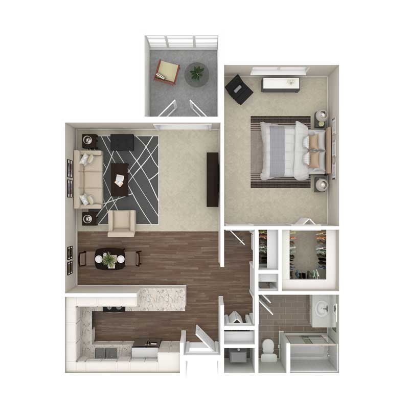 Modern one-bedroom apartment floor plan with living and dining areas.