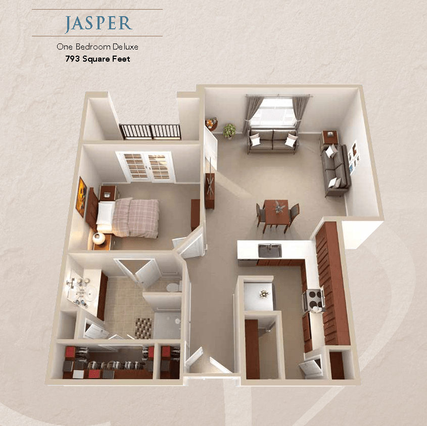 Jasper one-bedroom apartment floor plan with furniture layout.