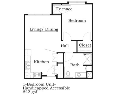 Floor plan of a handicapped accessible 1-bedroom unit with 642 square feet.