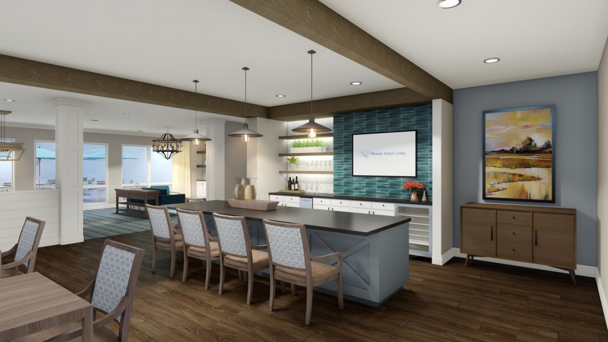 A modern kitchen with a large island, pendant lighting, and open shelving against a textured accent wall.