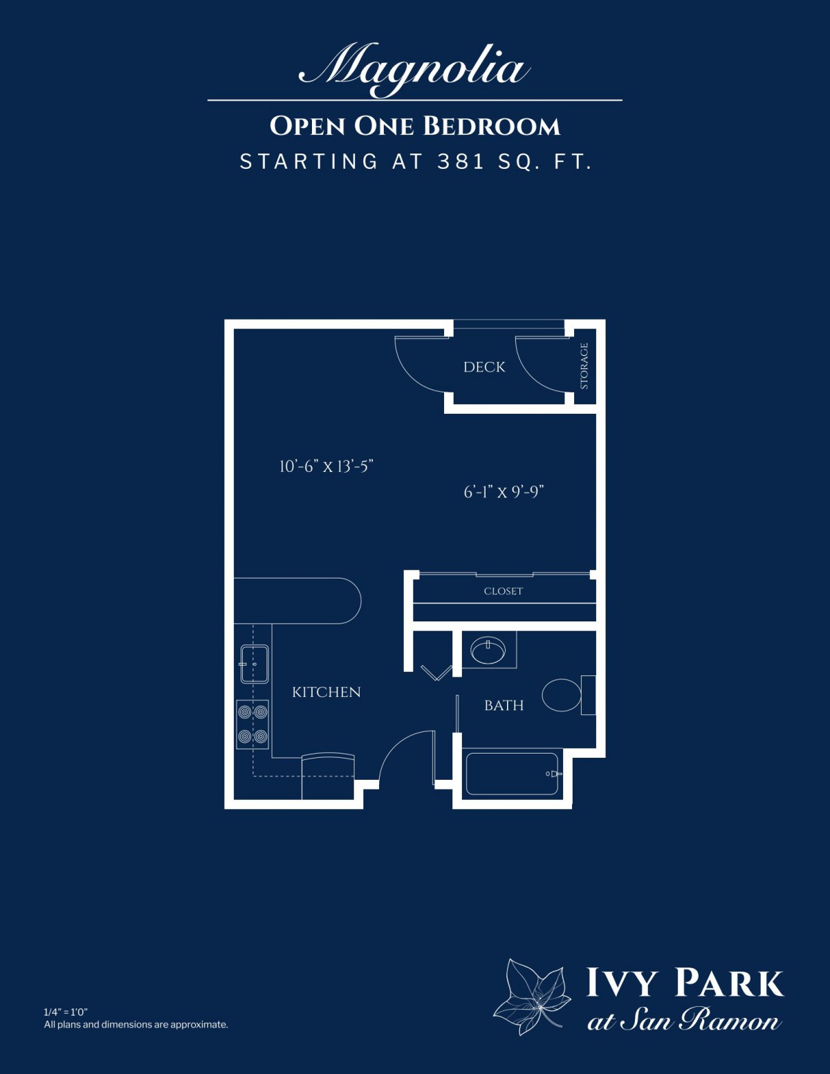Studio apartment floor plan starting at 398 sq. ft.