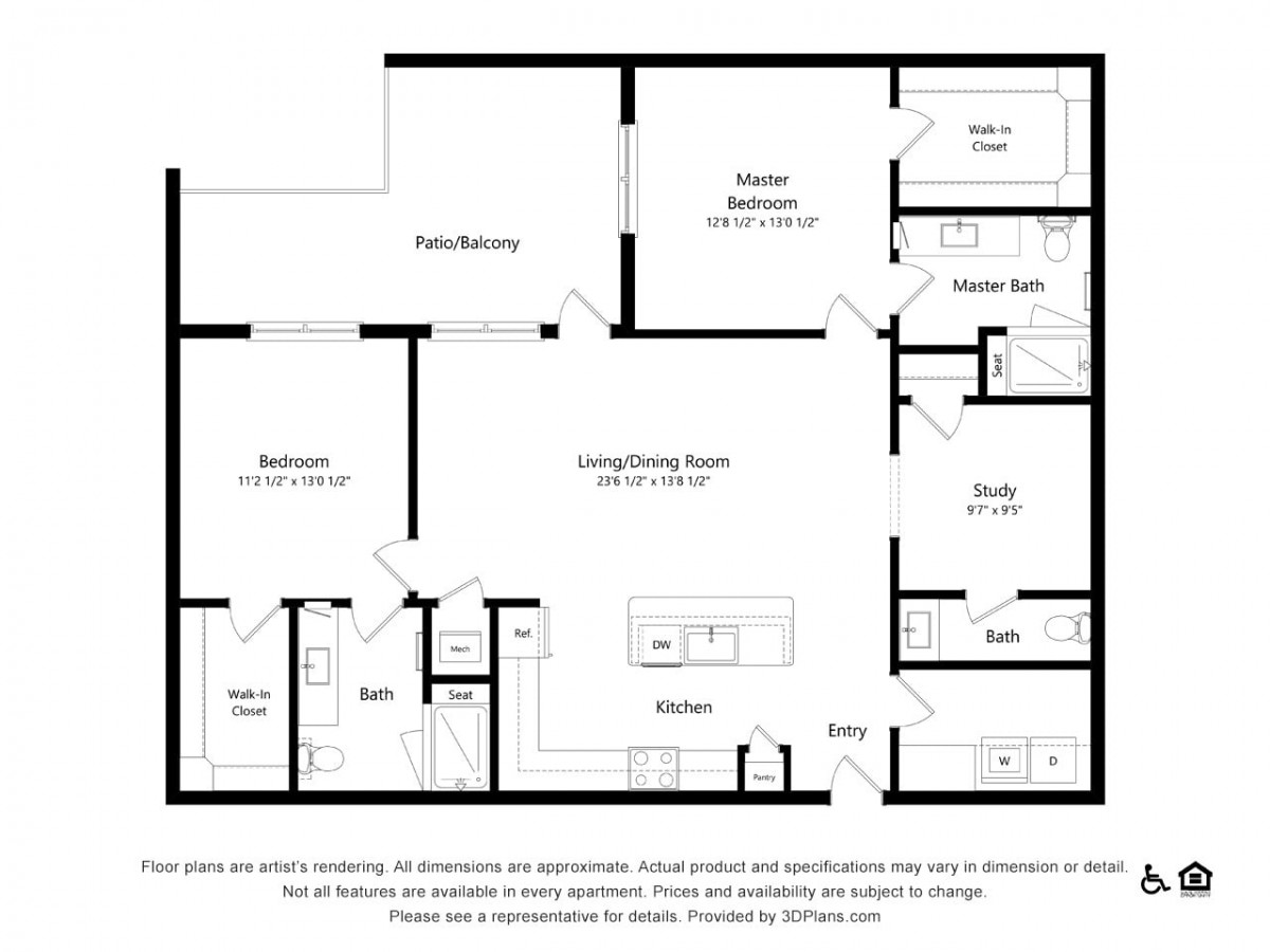 A floor plan of a two-bedroom apartment featuring a living/dining room, kitchen, two bathrooms, and additional storage areas.