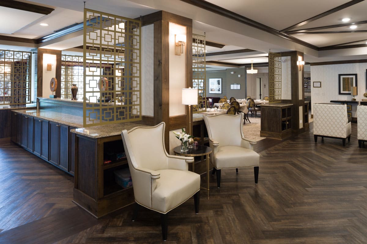 A modern lobby with comfortable seating and elegant interior design.