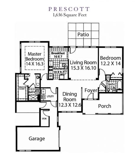 A floor plan depicting a single-story home with a living room, dining room, two bedrooms, and a garage.