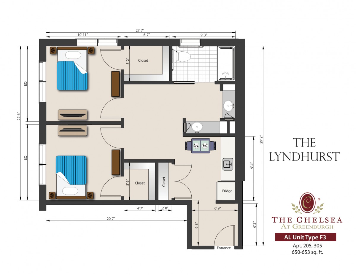 A floor plan of a two-bedroom apartment layout at The Lyndhurst.