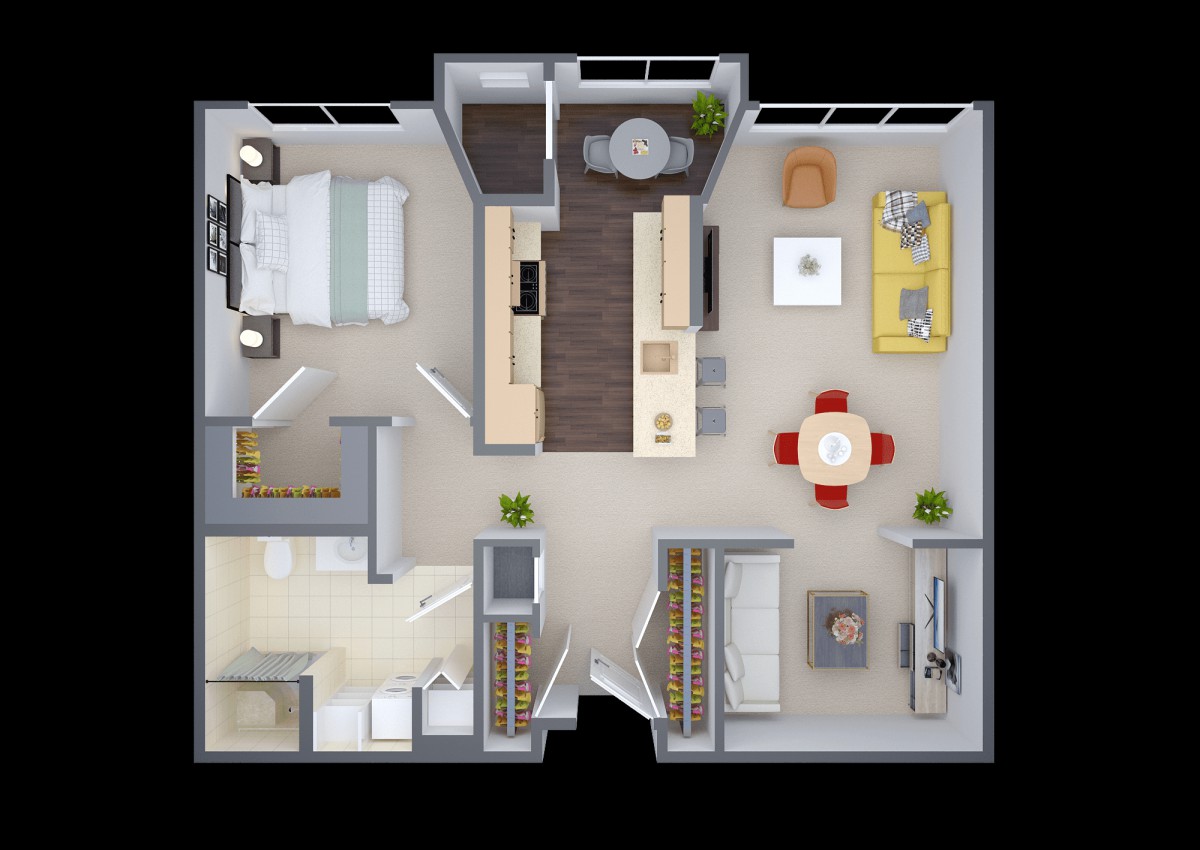 A modern two-bedroom apartment floor plan with a living room, kitchen, and bathroom.