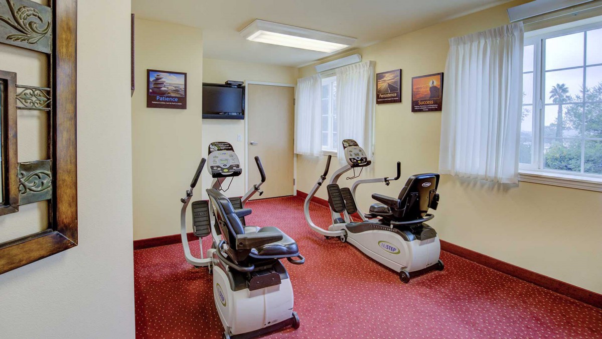 A small gym with two recumbent exercise bikes, carpeted flooring, and a television on the wall.