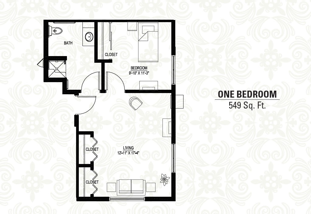 A floor plan of a one-bedroom apartment with a total area of 549 square feet.