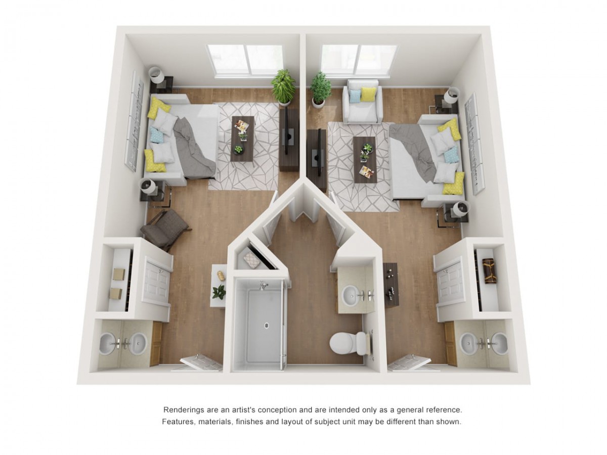 This is a 3D floor plan of a two-bedroom apartment with modern furnishings and shared bathroom access.