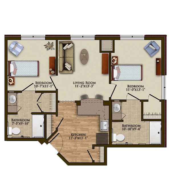 A detailed floor plan of a two-bedroom, two-bathroom apartment layout.