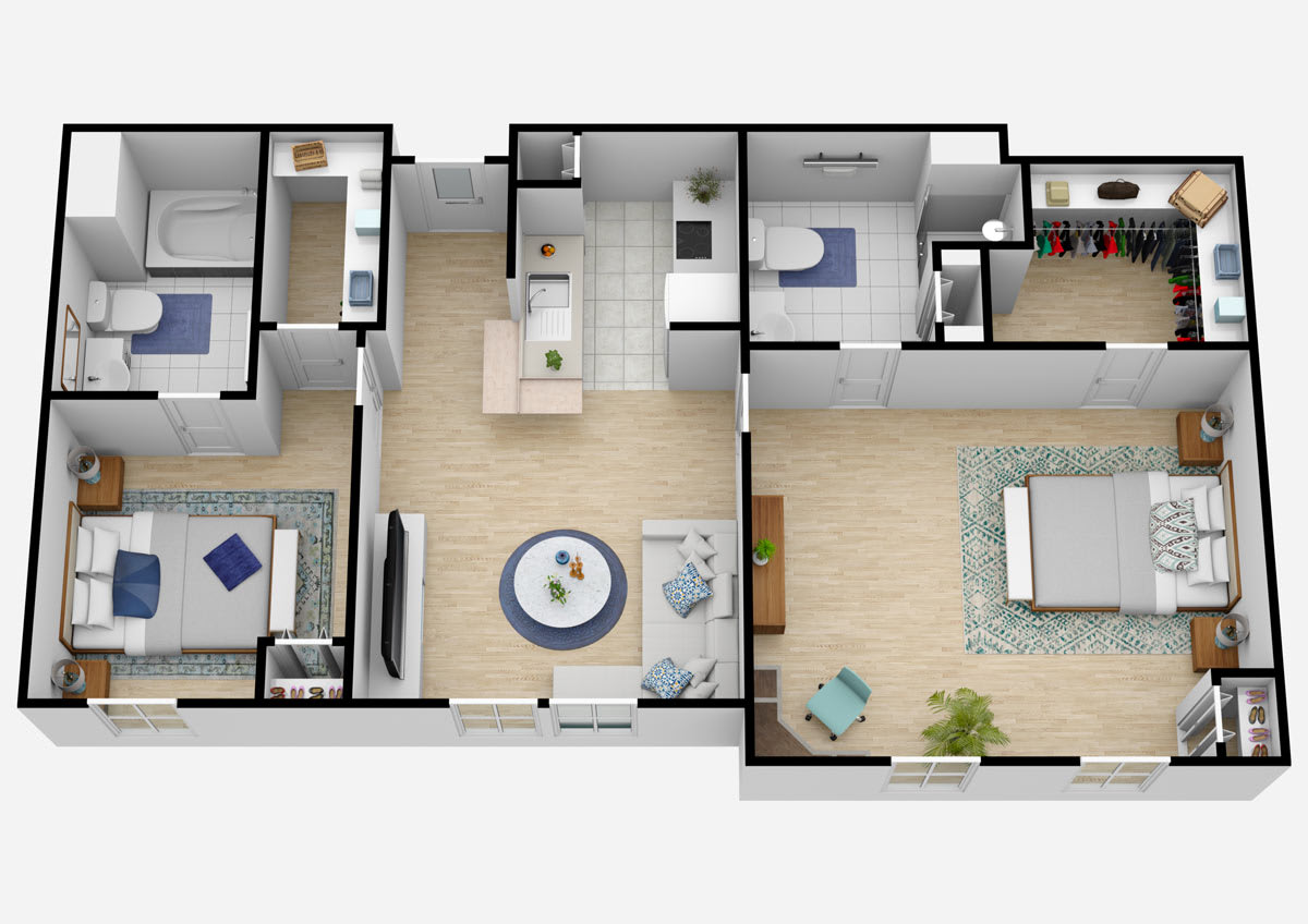 2D floor plan of an apartment showing living room, kitchen, bedroom, and bathroom.