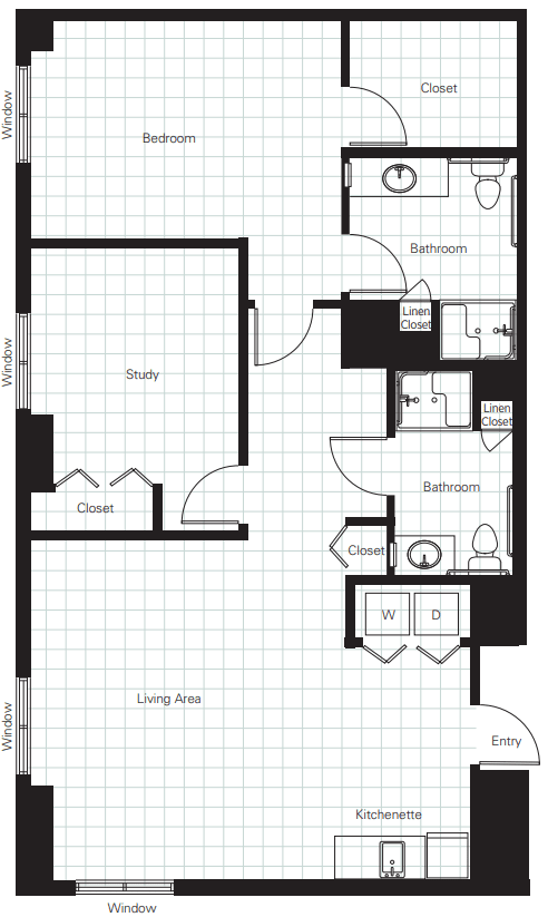 A floor plan of an apartment showing the layout of rooms, including a study, living area, and bathrooms.