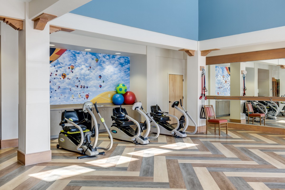 A modern gym with exercise machines lined up against a wall, featuring colorful exercise balls and a large mural in the background.