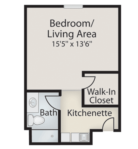 Studio apartment floor plan featuring a combined bedroom and living area, kitchenette, bathroom, and a walk-in closet.