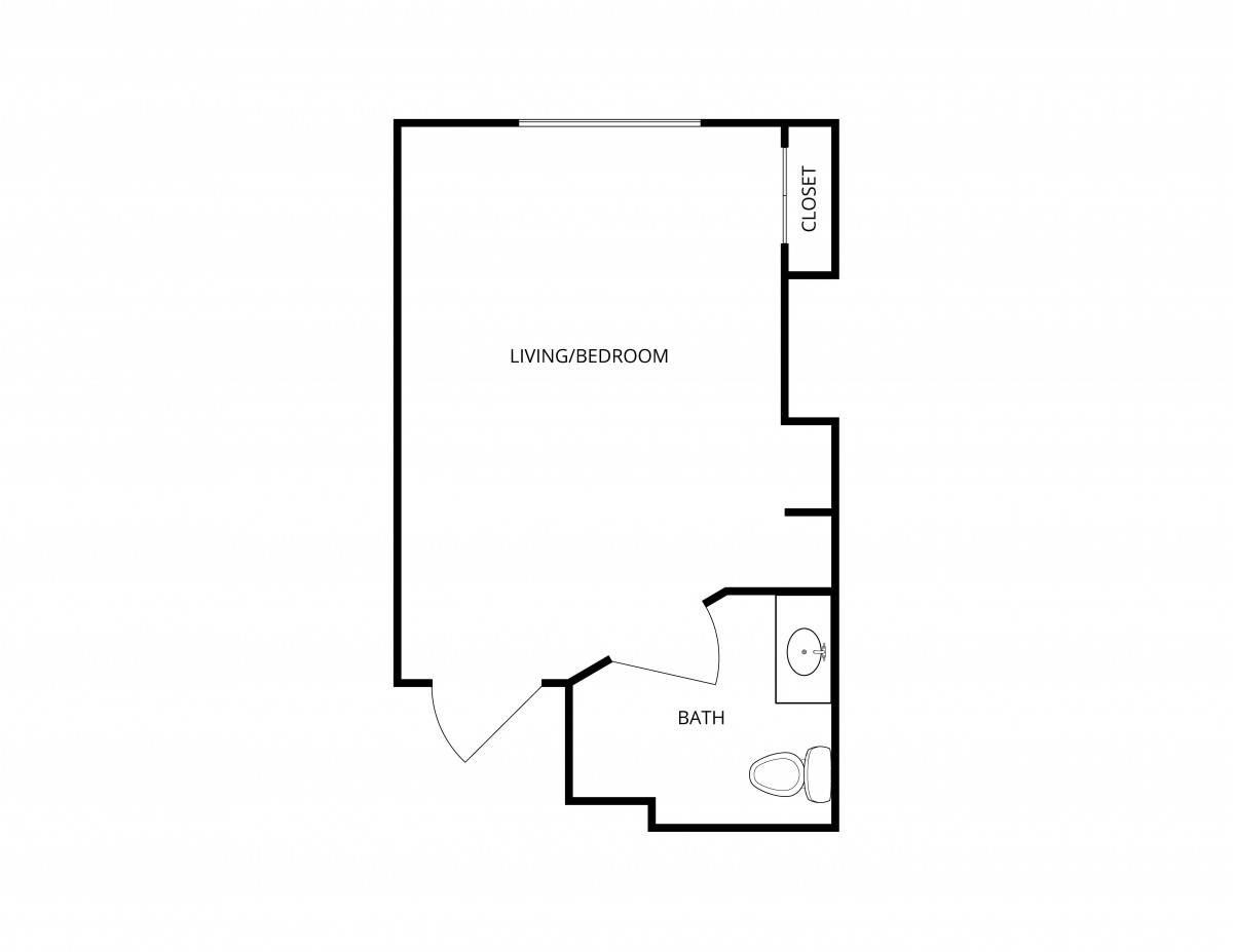 A simple floor plan showing a main living area and a bathroom.