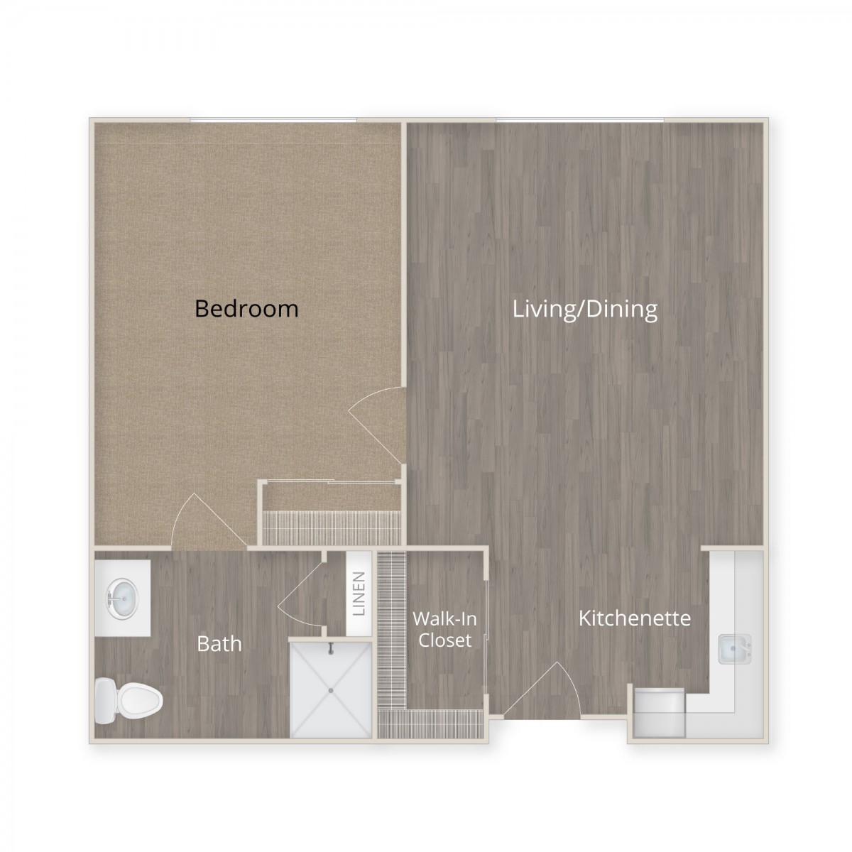 Floor plan showing a one-bedroom apartment with a living room, kitchen, and bathroom.
