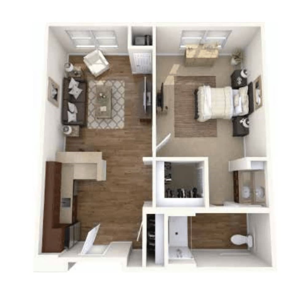 An overhead view of a one-bedroom apartment floor plan, featuring a living room, kitchen, bedroom, and bathroom.