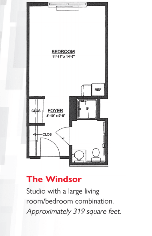 Floor plan of a studio apartment layout called 'The Windsor'.